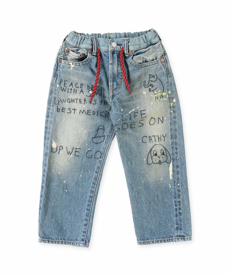 Denim Dungaree 12oz Life Goes On Embroidered Denim Drawstring Pants - 110cm Last One