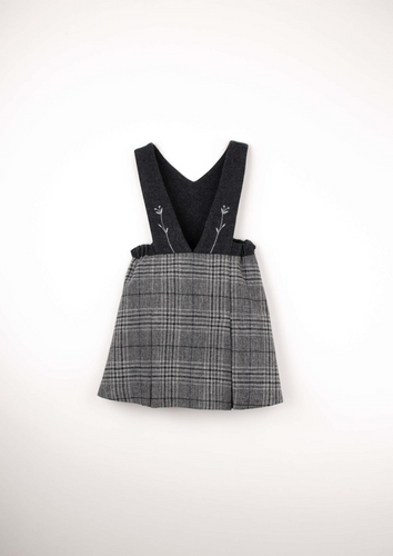 Popelin Mod.43.1 Grey plaid woollen short dress with bib and embroidered straps - Grey Plaid - 3/4Y, 4Y, 5Y, 6Y, 7Y, 8Y