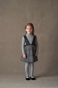 Popelin Mod.43.1 Grey plaid woollen short dress with bib and embroidered straps - Grey Plaid - 3/4Y, 4Y, 5Y, 6Y, 7Y, 8Y