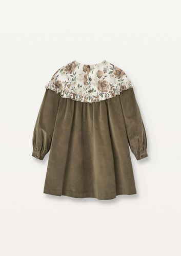 Popelin Mod.41.3 Green velvet dress with floral yoke - Green - 2/3Y, 4Y, 6Y, 8Y