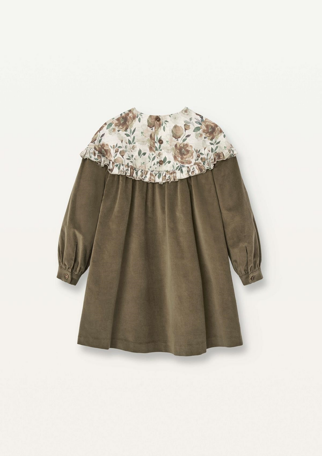 Popelin Mod.41.3 Green velvet dress with floral yoke - Green - 2/3Y, 4Y, 6Y, 8Y