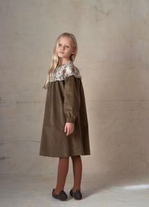 Popelin Mod.41.3 Green velvet dress with floral yoke - Green - 2/3Y, 4Y, 6Y, 8Y