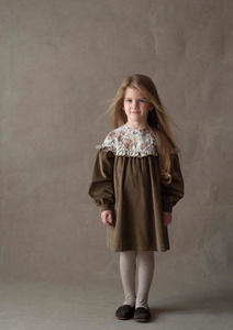 Popelin Mod.41.3 Green velvet dress with floral yoke - Green - 2/3Y, 4Y, 6Y, 8Y