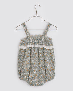 Little Cotton Clothes Odetta Frill Romper - Caramel Seersucker Gingham/Cottage Floral on White - 12/18M, 18/24M