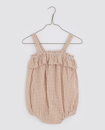 Little Cotton Clothes Odetta Frill Romper - Caramel Seersucker Gingham/Cottage Floral on White - 12/18M, 18/24M