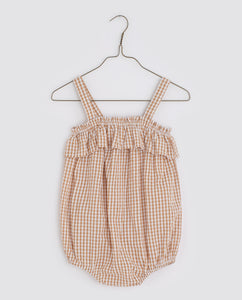 Little Cotton Clothes Odetta Frill Romper - Caramel Seersucker Gingham/Cottage Floral on White - 12/18M, 18/24M