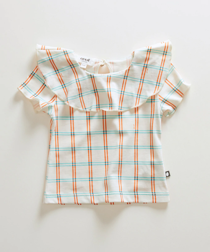 Oeuf Ruffle Collar Tee - Gardenia/Check - 18/24M, 3/4Y, 5/6Y