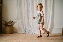 Load image into Gallery viewer, Little Cotton Clothes Odetta Frill Romper - Caramel Seersucker Gingham/Cottage Floral on White - 12/18M, 18/24M