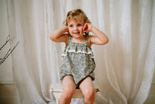 Load image into Gallery viewer, Little Cotton Clothes Odetta Frill Romper - Caramel Seersucker Gingham/Cottage Floral on White - 12/18M, 18/24M