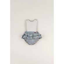 Load image into Gallery viewer, Popelin Mod. 1.3 Denim-effect embroidered frilled romper suit with bib - 12/18M, 18/24M, 2/3Y
