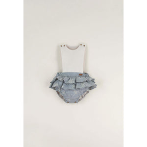Popelin Mod. 1.3 Denim-effect embroidered frilled romper suit with bib - 12/18M, 18/24M, 2/3Y