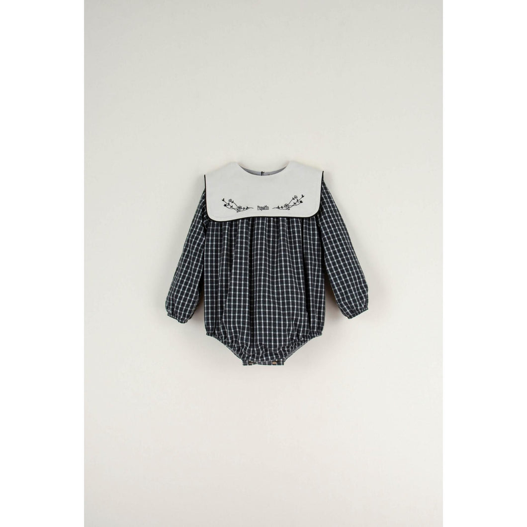 Popelin Mod.2.2 Black Plaid Embroidered Romper Suit with Yoke - 12/18M, 18/24M, 2/3Y