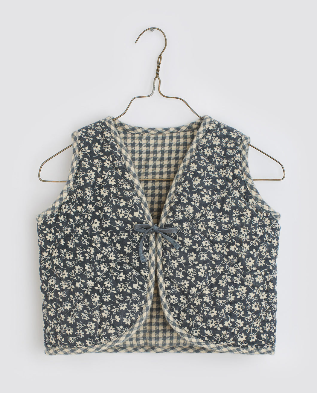 Little Cotton Clothes Bay Waistcoat - Forget-me-not Floral/Flannel Check in Cove Blue - 2/3Y, 4/5Y, 5/6Y