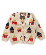 Load image into Gallery viewer, Oeuf House Motif Grandpa Cardi - Bright Beige/Peony - 18/24M, 2/3Y