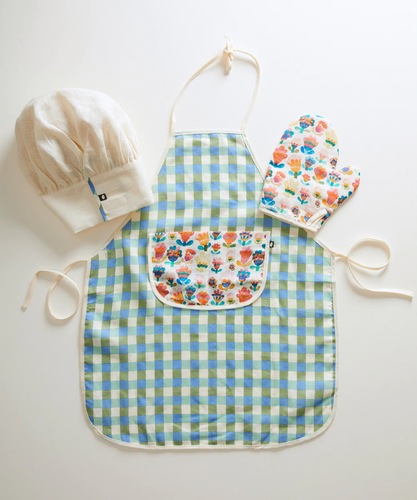 Oeuf Apron Set - Moss/Gingham, Papaya/Gingham, Multi/Large Flower