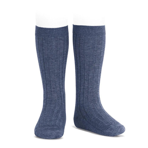 Condor Wide Ribbed Cotton Knee-high Socks - Jeans (490) - 2Y