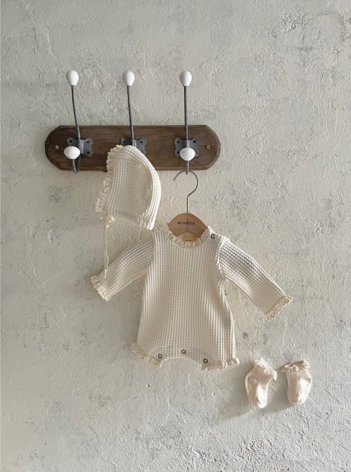 Monbebe Waffle Bodysuit - Beige, Cream - 6/12M, 12/24M