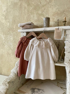 Monbebe Clover Pintuck Dress - Cream, Brick - 1/2Y, 3/4Y, 5/6Y